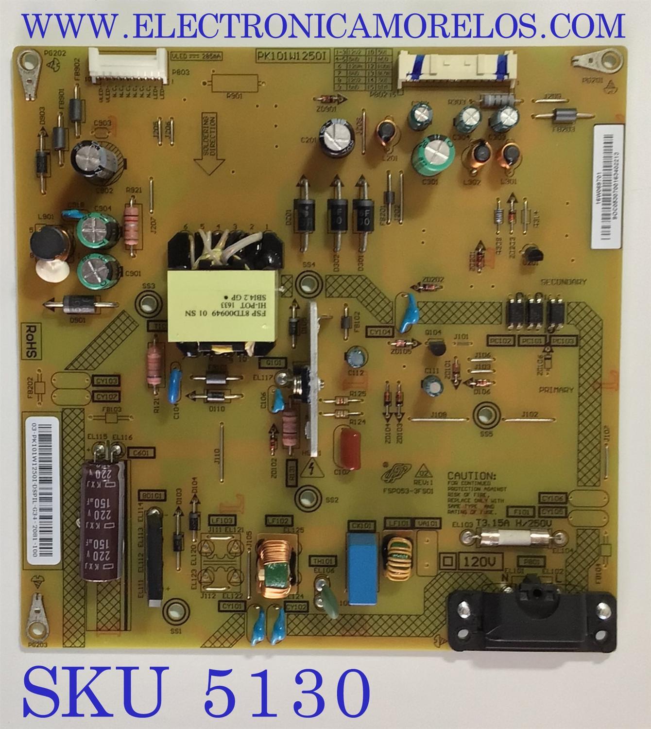 FUENTE PARA TV TOSHIBA / NUMERO DE PARTE PK101W1250I / FSP053-3FS01 / 16W069701 / 9OC0530700163402213 / MODELO 32L220U